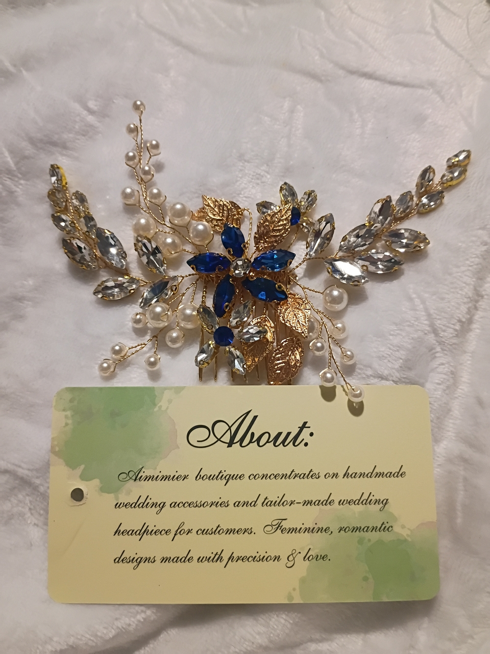 Aimimier Gold Leaf Bridal Hair Pin with Blue and Pearl Accents